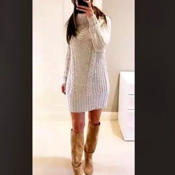 New FOREVER 21 Chunky Cable Knit Cowl Neck Tunic Sweater Dress Soft Grey L - Picture 2 of 7